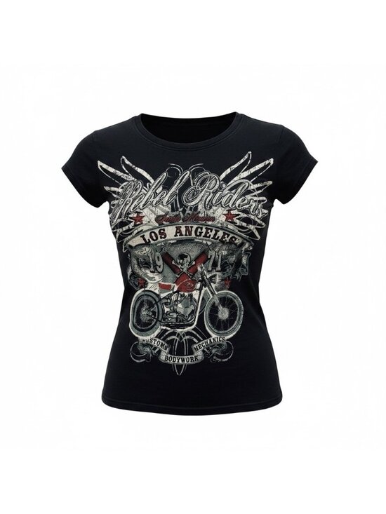 New Look Tops - Vintage Black Baby T SMALL Rebel Riders Motorcycle Los Angeles Graphic Sparkle